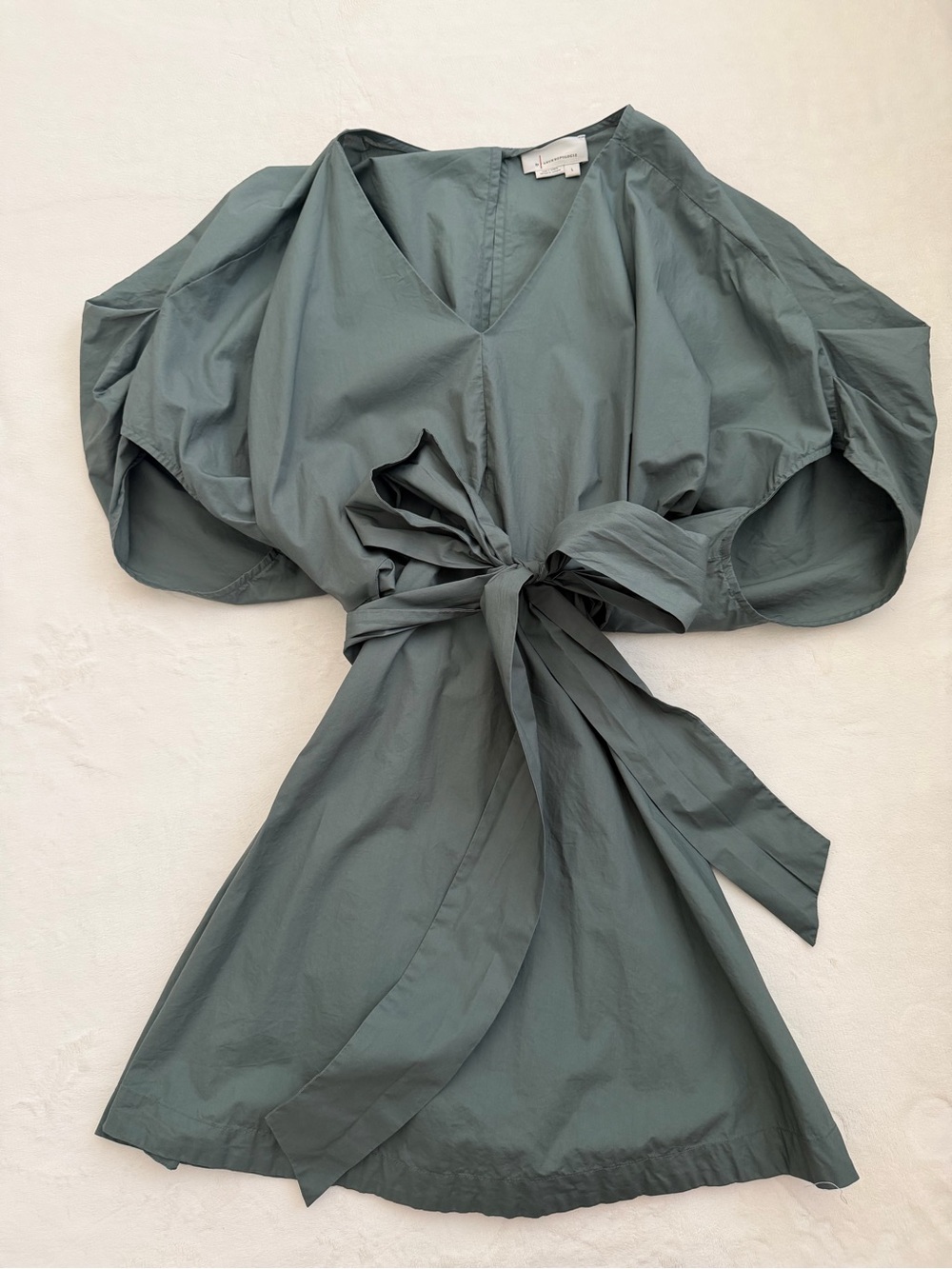 Anthropologie Cotton Dress L Green Balloon Sleeve Tie Waist Poplin